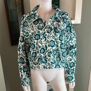 NWT New Emily Wonder Cropped Floral Green White Jacket Textured Velour